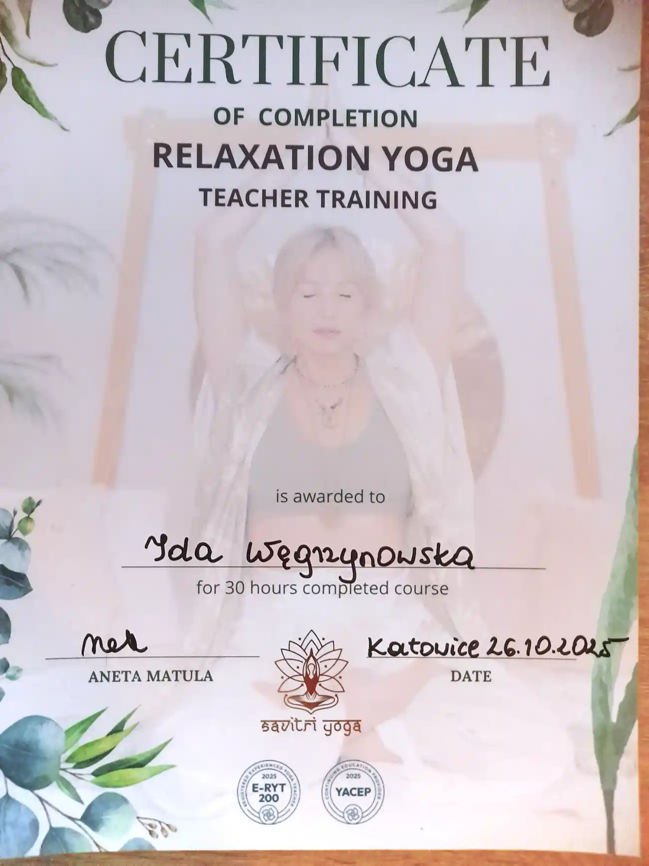 Certyfikat nauczyciel-joga