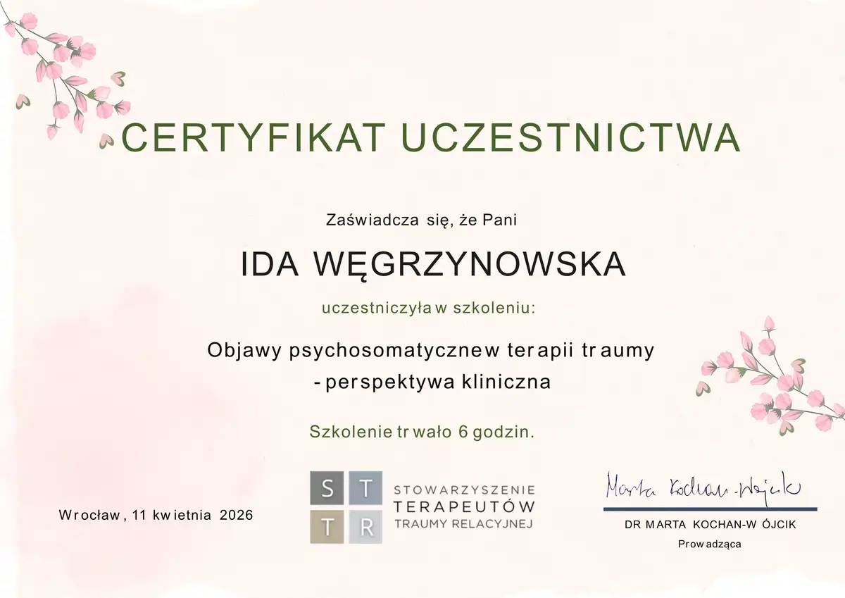 Certyfikat uczestnictwa w szkoleniu o objawach psychosomatycznych w terapii traumy